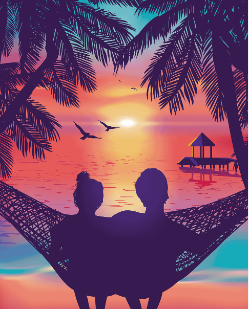 Couple at a Sunset Beach Blanket (54x68) - 596